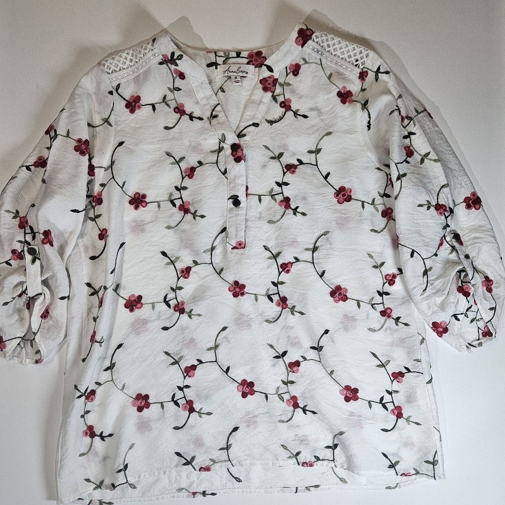 Anneliese Embroidered Blouse Womens Medium White Pink‎ Floral Cottagecore Boho
